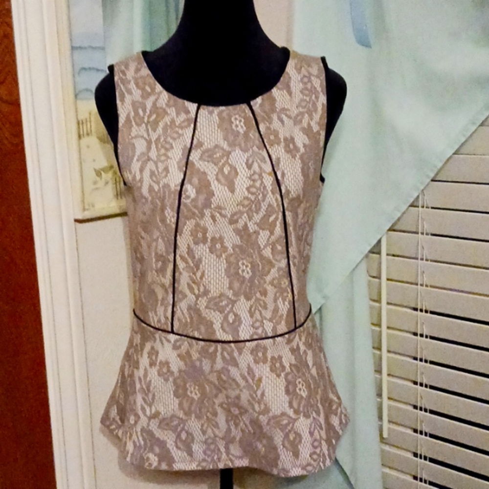 Cream peplum cami S with grey lace overlay and dark brown piping good condition